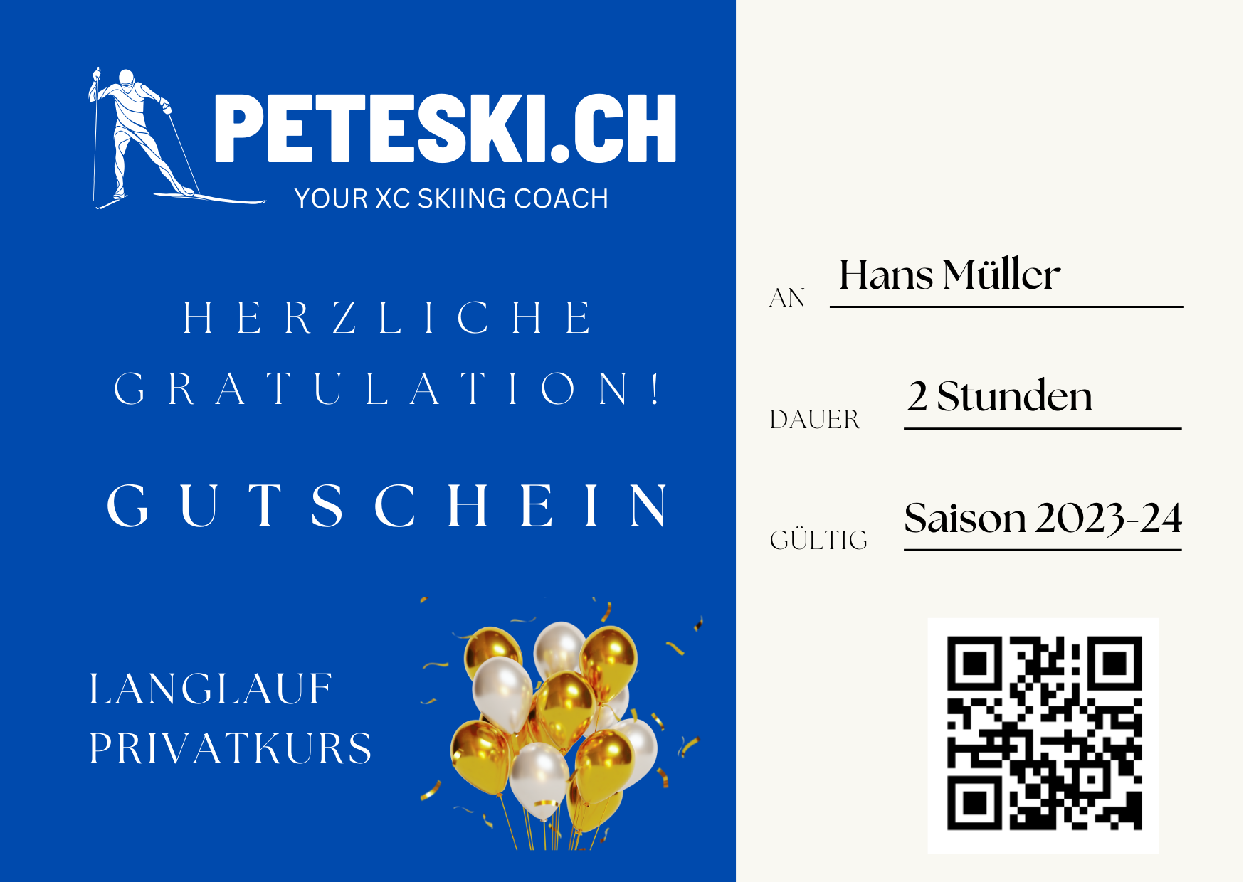 peteski.ch, Langlauf Privatkurse, Langlauf Coaching, Gutschein, Gift Card, Geschenkidee